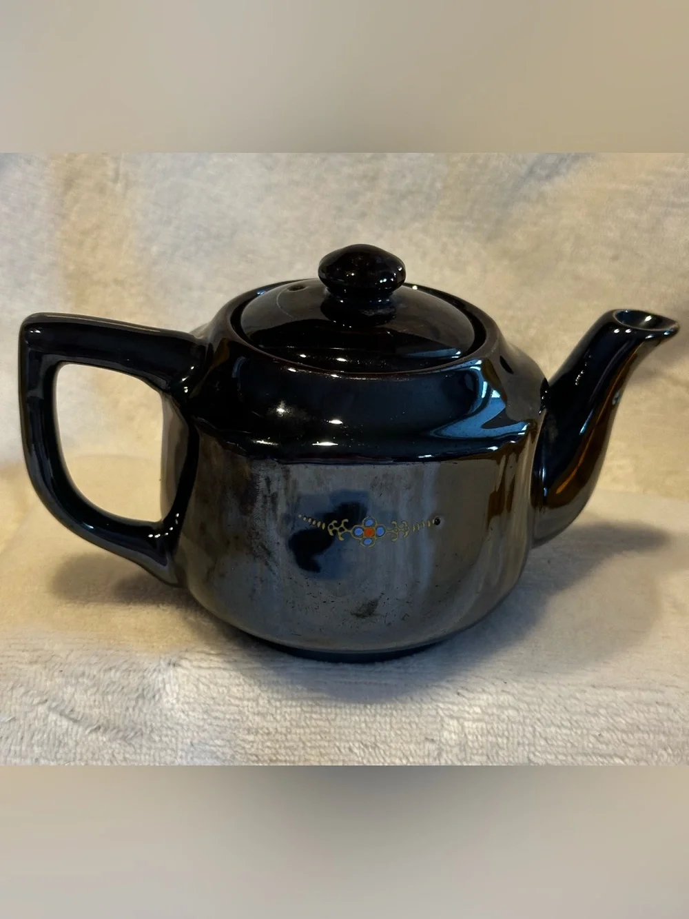 Vtg 1950's Redware Brown Betty Hand Painted Tea Pot 3.5